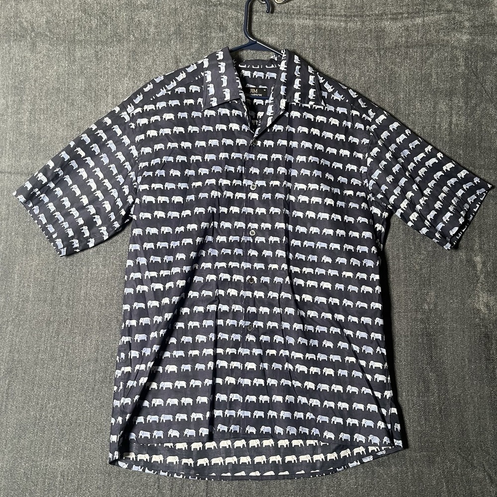 Vintage Jim Thompson Shirt Mens Medium Blue Gray Elephant AOP Button Up